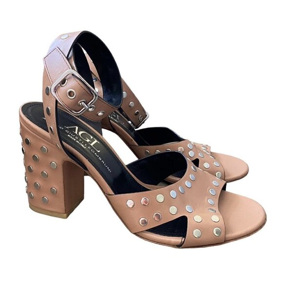 AGL Women's Tan Leather Studded Ankle Strap Sandals Heels Size 39.5 US 8.5